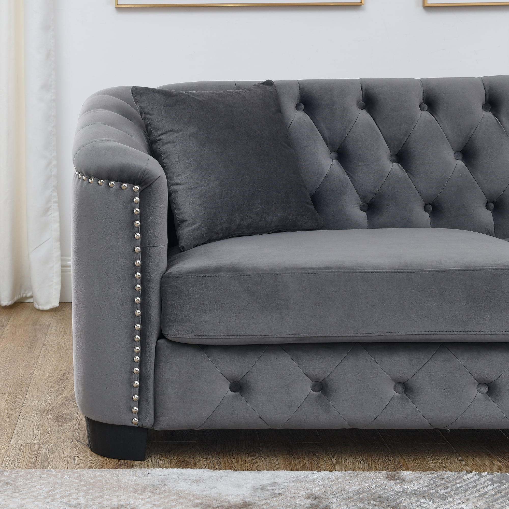 77-Inch Modern Chesterfield Velvet Sofa, 3-Seater Sofa, Upholstered Tufted Backrests with Nailhead Arms and 2 Cushions for Living Room, Bedroom, Apartment, Office (Grey) - Image 10