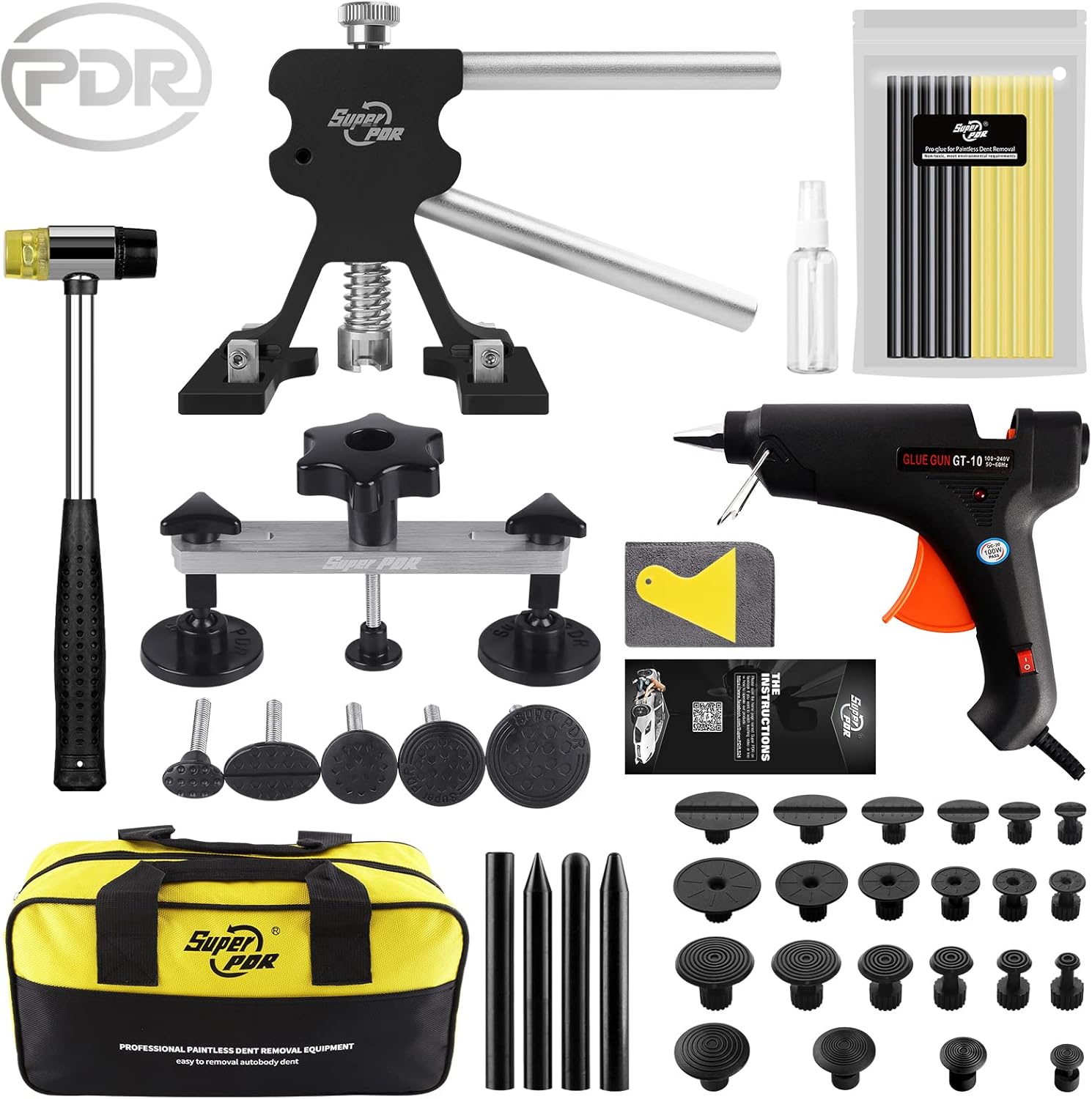 Super PDR Paintless Dent Repair Kit, Black Dent Remover Tool Auto Body Dent Removal Kit with Double Pole Bridge Dent Puller for Auto Body Tools - Image 3