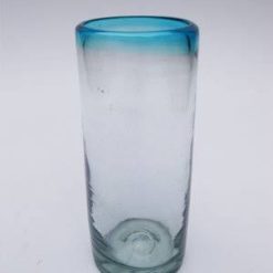 Mexican Blown Glass Highball Glasses Aqua Blue Rim (Set of 6)