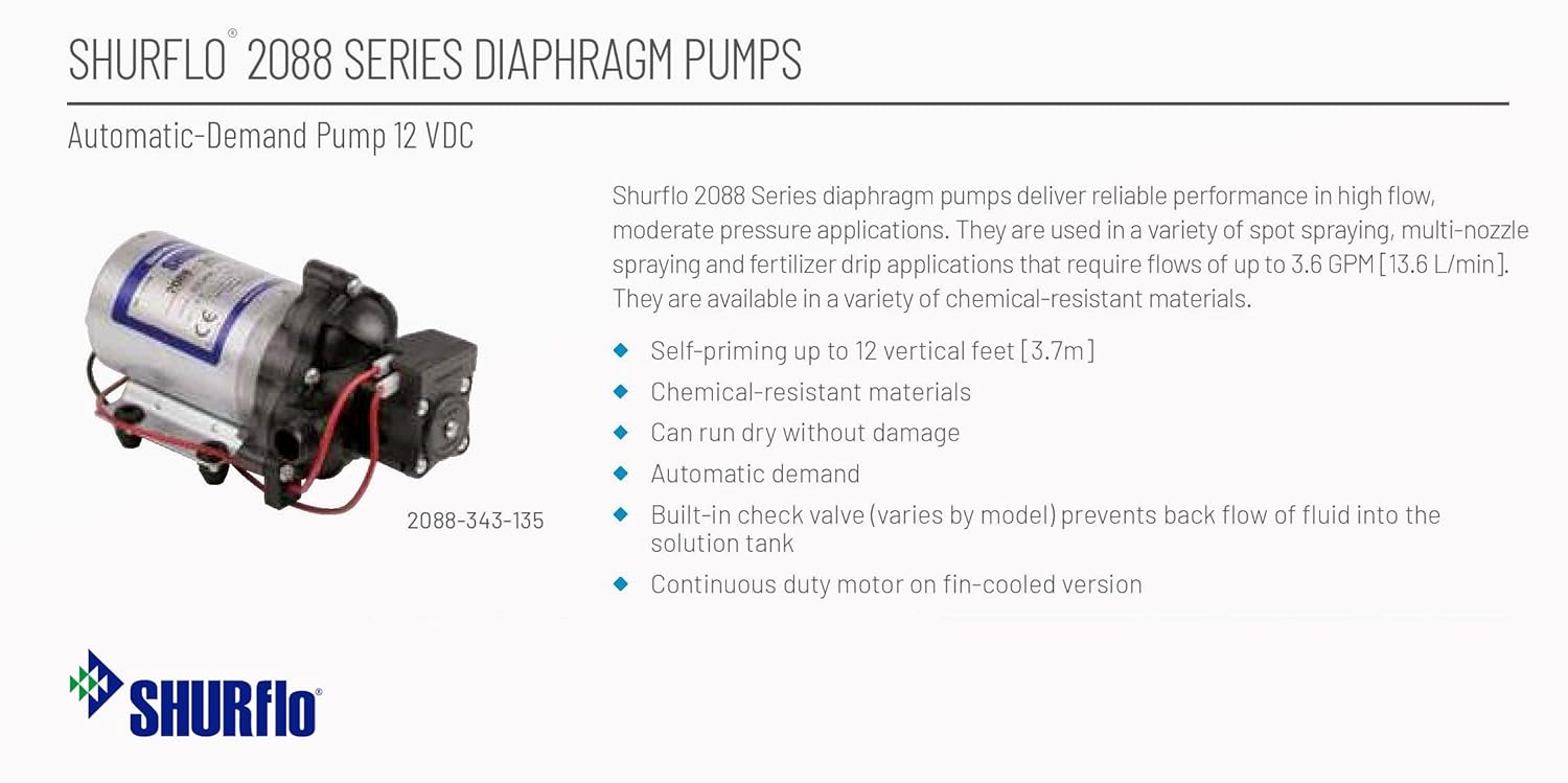 Shurflo 2088-343-135 Automatic-Demand Diaphragm Pump, 12VDC, 45 PSI Demand Switch, 3.0 GPM With Viton Valves, Santoprene Diaphragm, Self-Priming, 10 AMPS (Max), 1/2-14 NPSM Port - Image 3