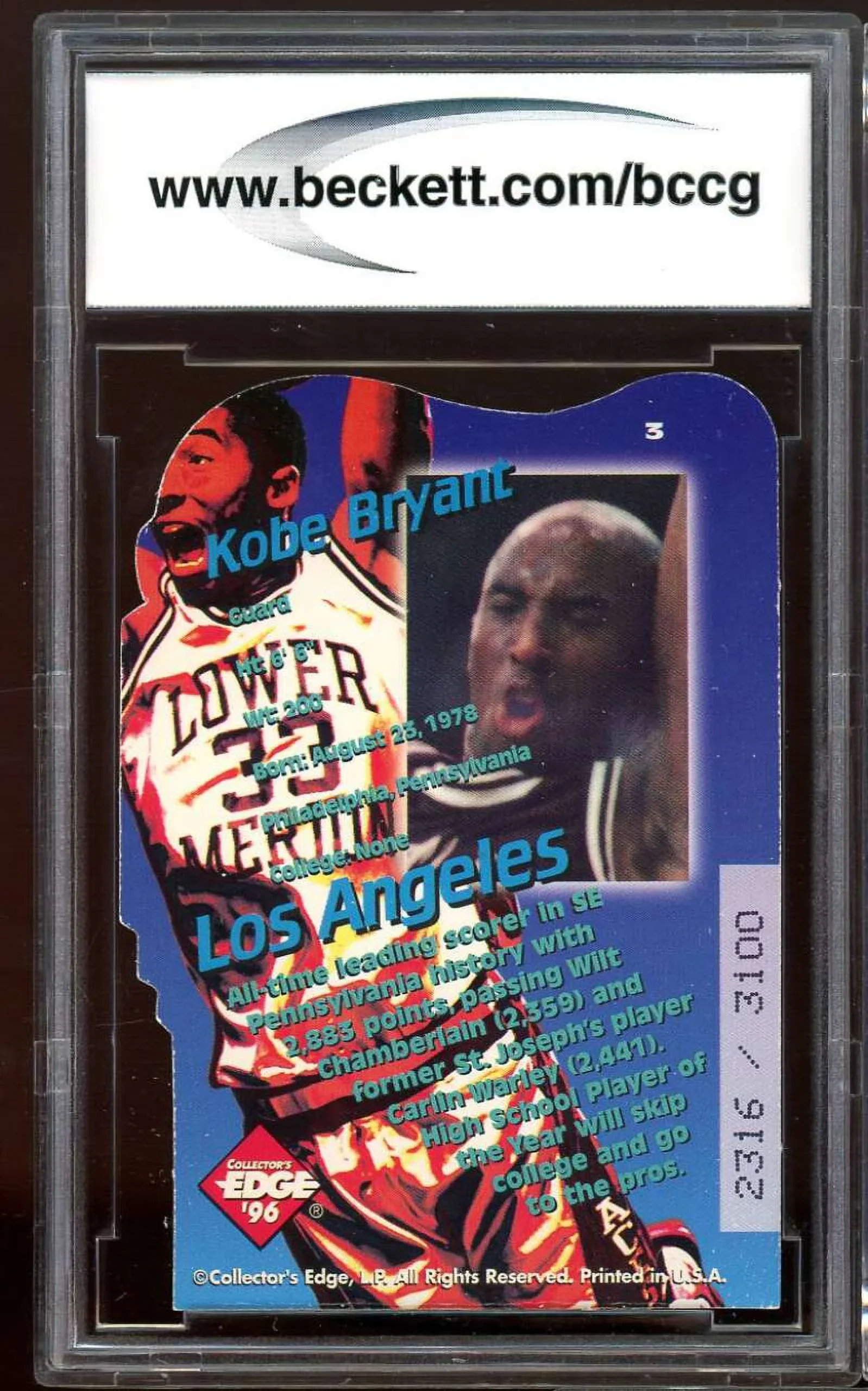 1996 Collector’s Edge Key Kraze Die Cuts #3 Kobe Bryant Rookie BGS BCCG 9 NM+ - Image 2